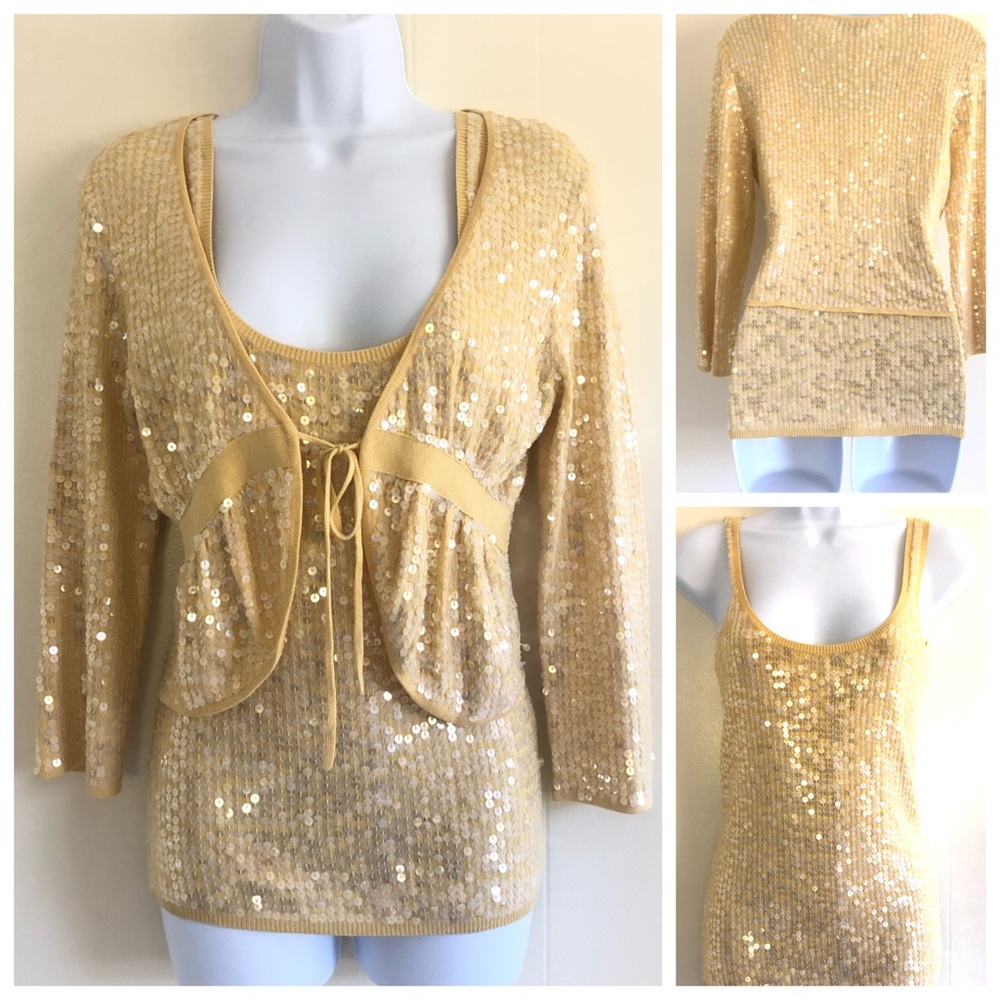bebe 2pc Sequin Tank and Cardigan Yellow Sweater
